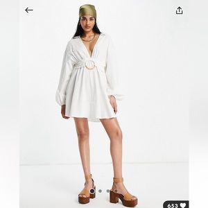 ASOS DESIGN plunge linen skater mini dress with ring detail in white in US 10